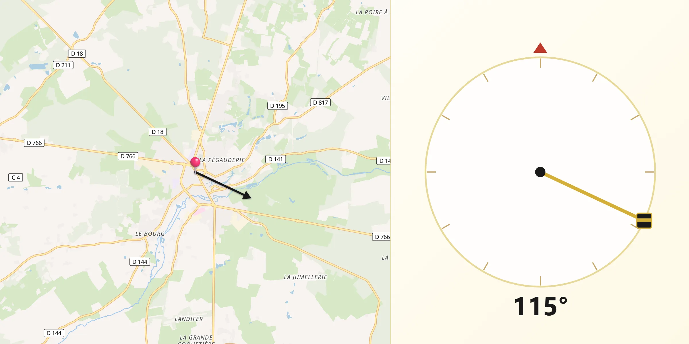 Direction vers la Qibla depuis Baugé-en-Anjou