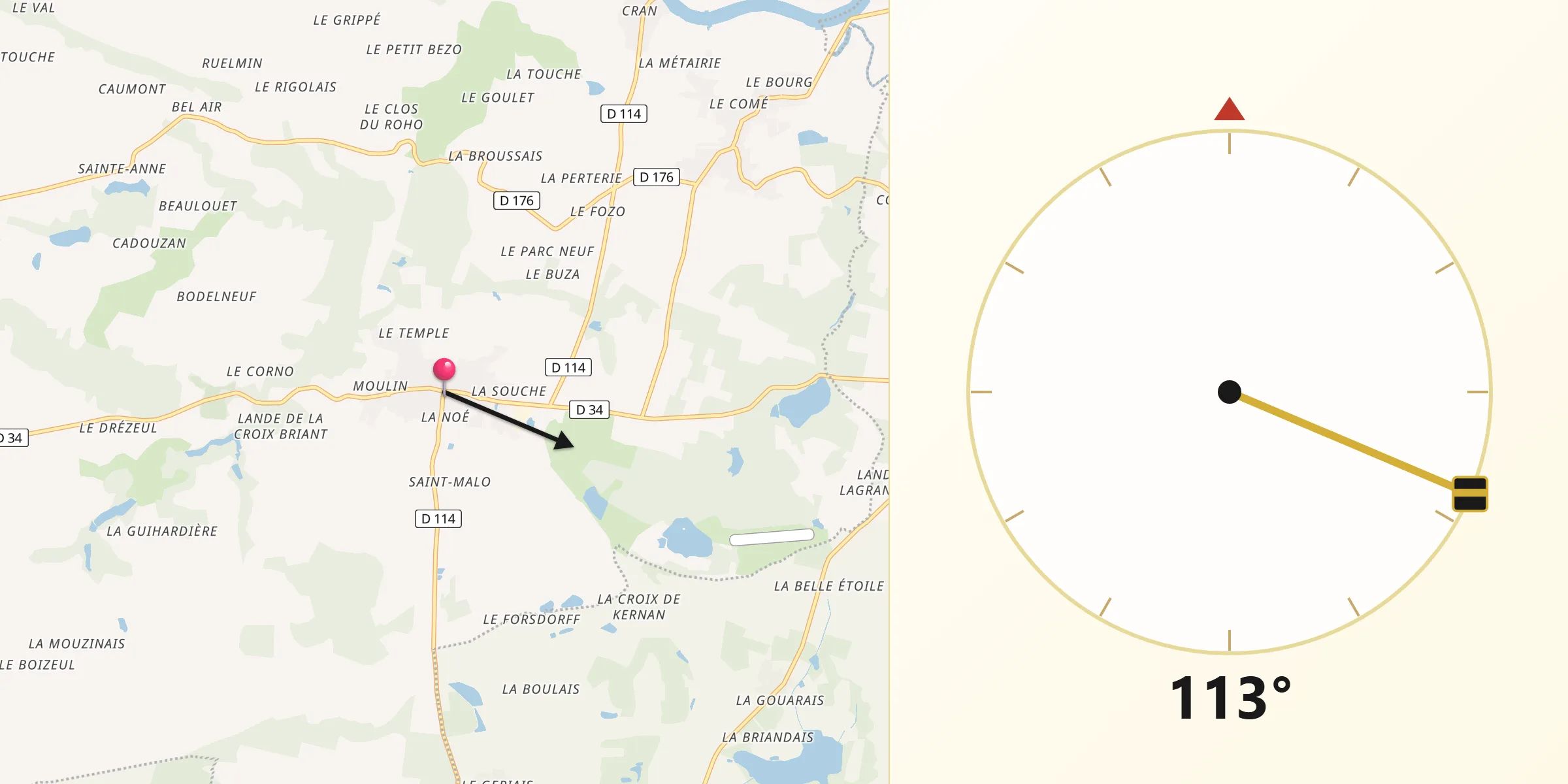 Direction vers la Qibla depuis Saint-Dolay