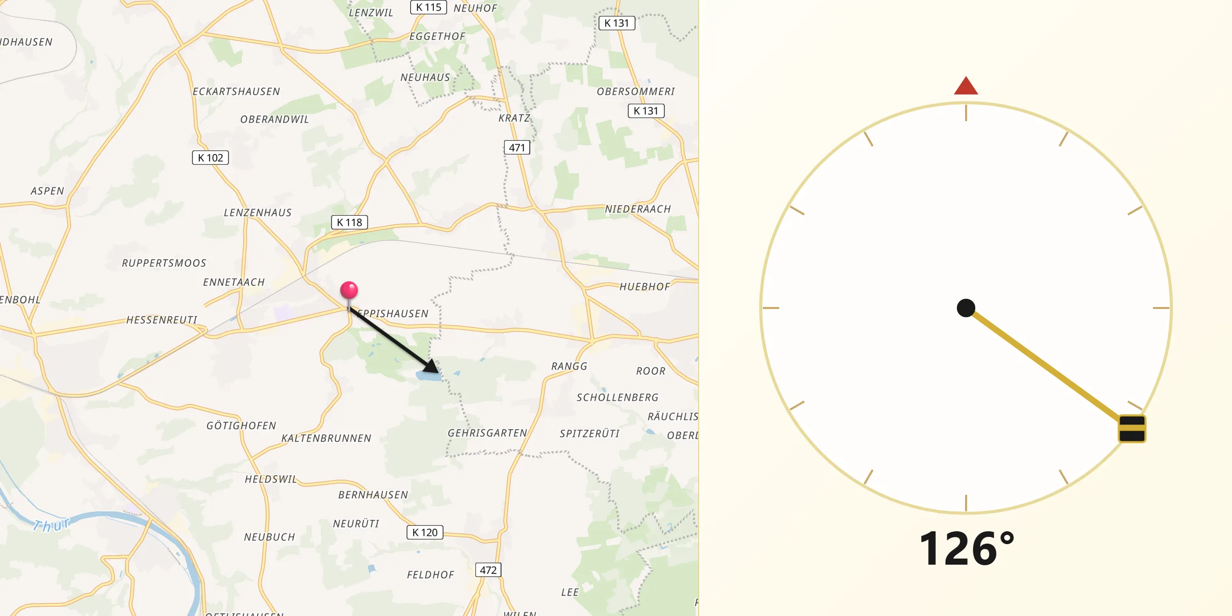 Direction vers la Qibla depuis Erlen
