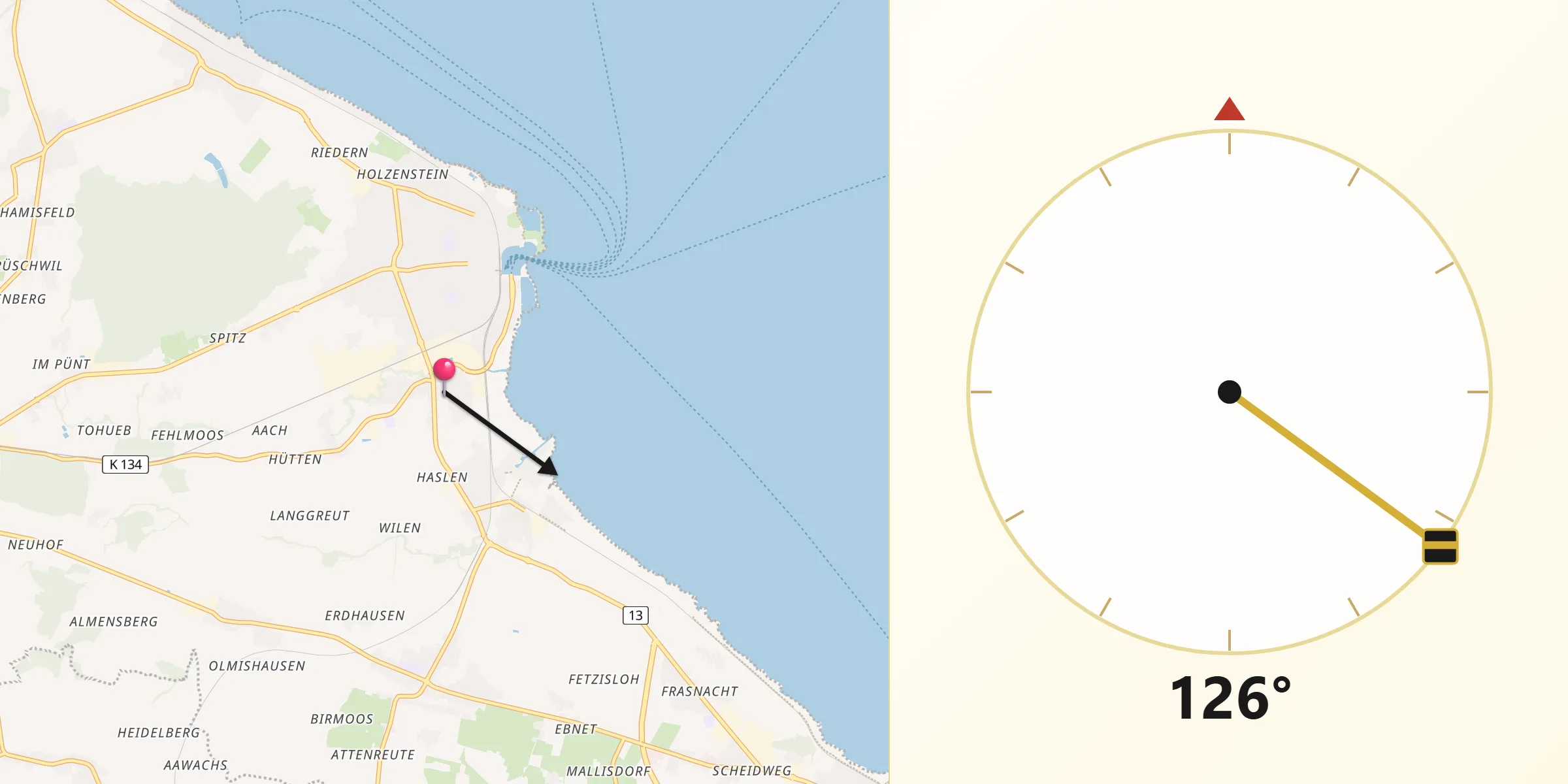 Direction vers la Qibla depuis Salmsach