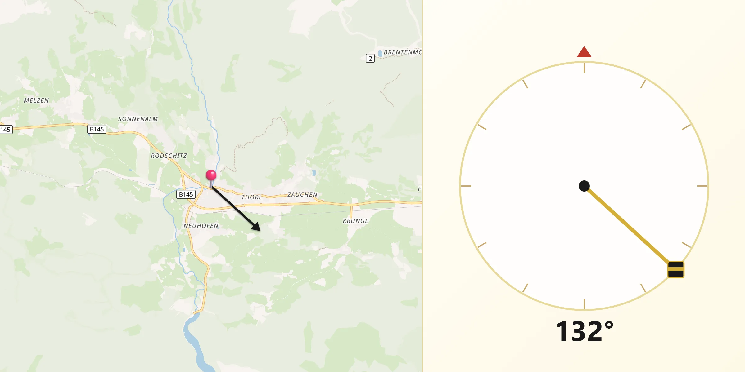 Qibla-Richtung von Mitterndorf im Steirischen Salzkammergut