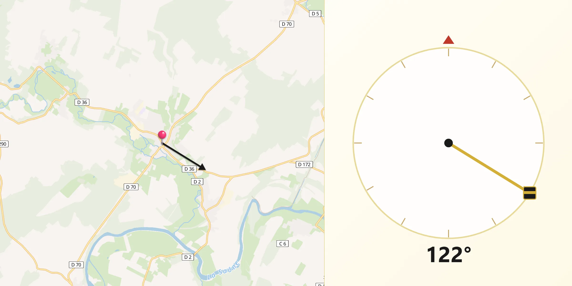 Direction vers la Qibla depuis Dampierre-sur-Salon