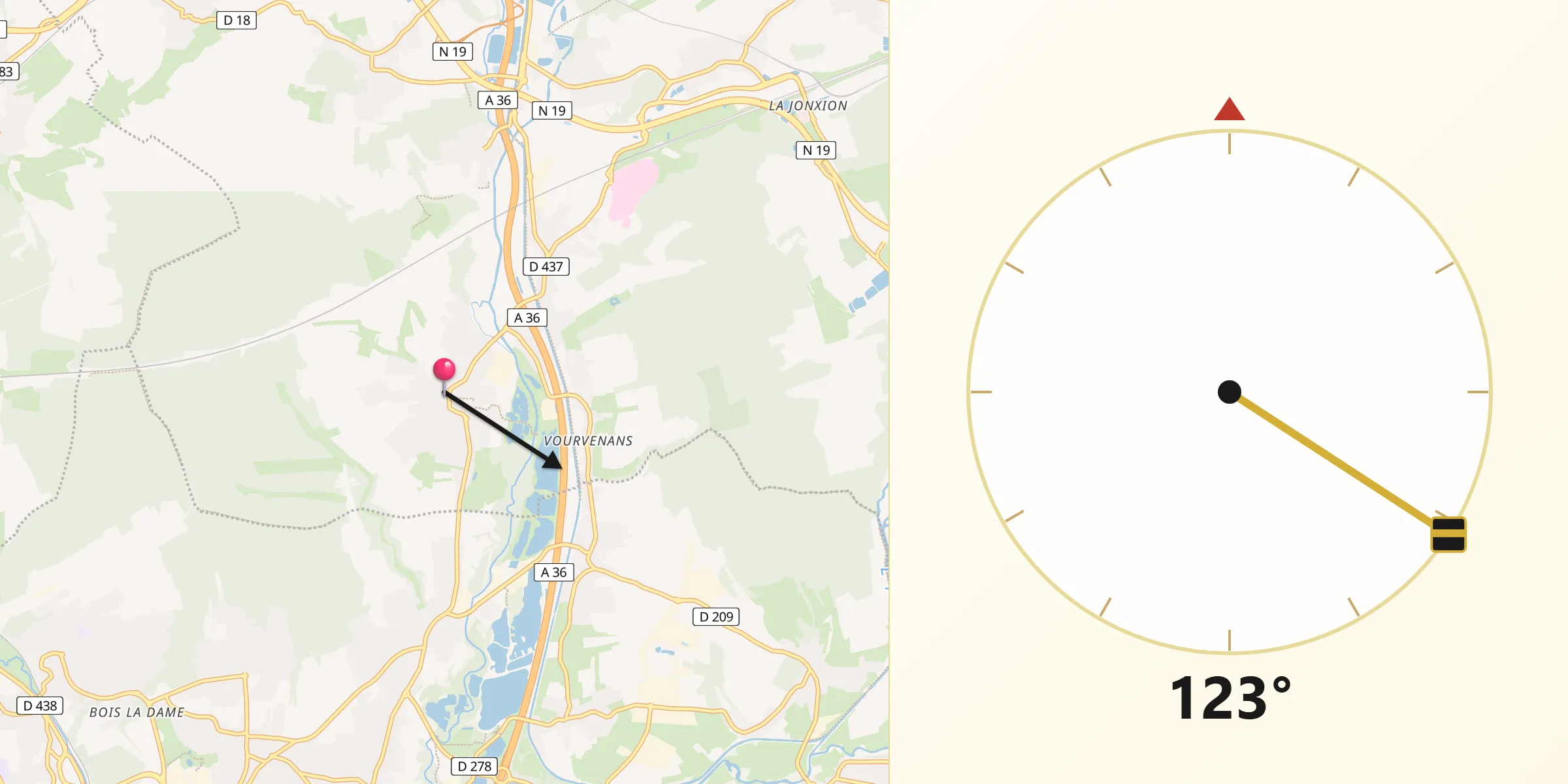 Direction vers la Qibla depuis Châtenois-les-Forges