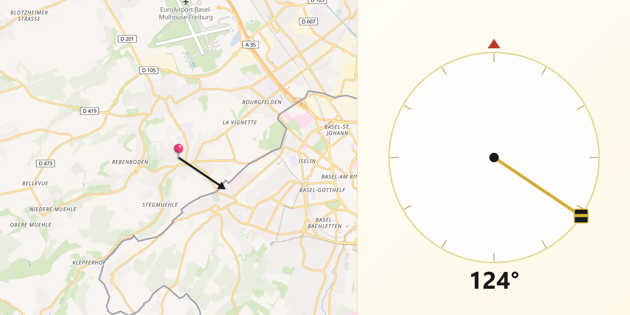 Direction vers la Qibla depuis Hégenheim