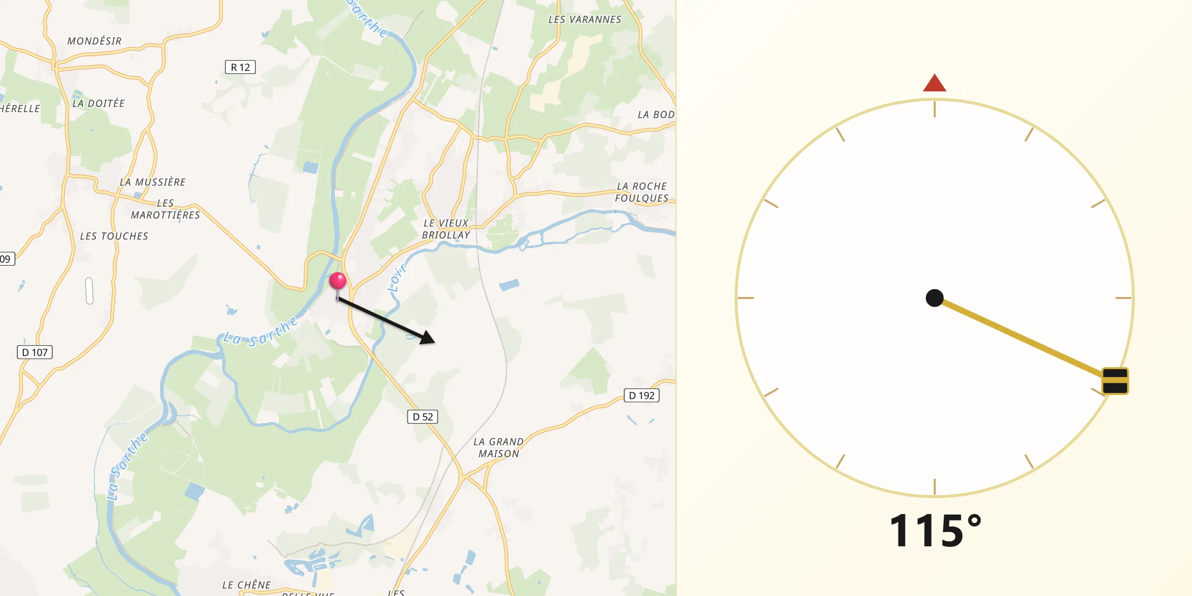 Direction vers la Qibla depuis Briollay