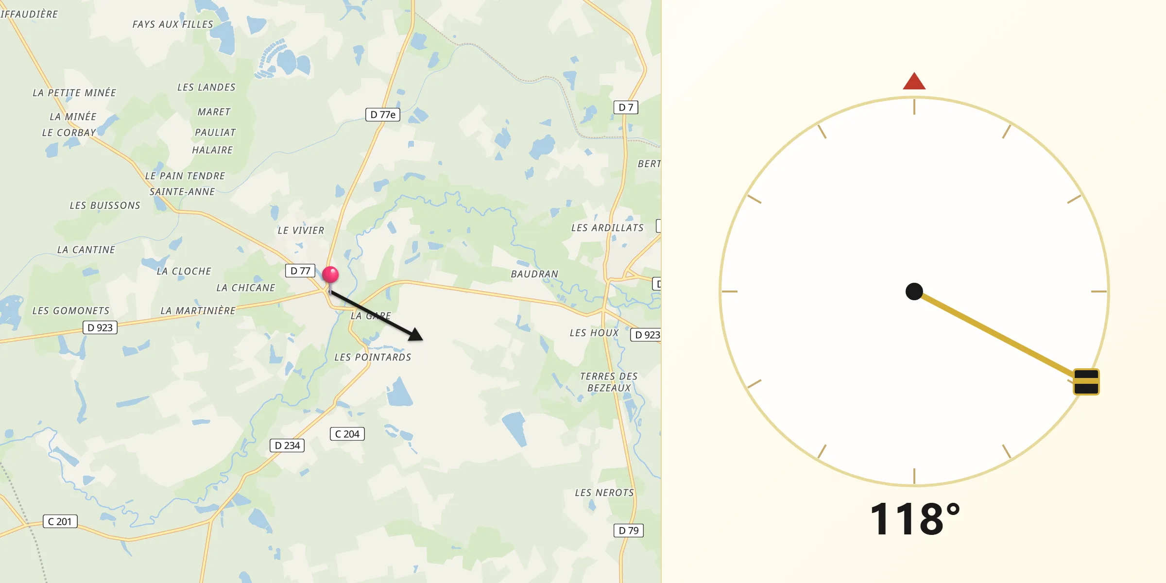 Direction vers la Qibla depuis Brinon-sur-Sauldre