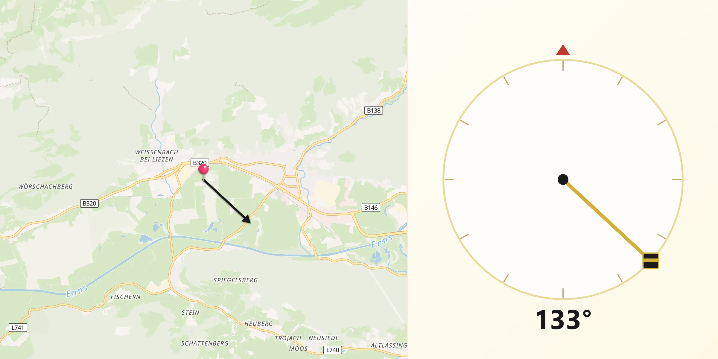 Qibla-Richtung von Weißenbach bei Liezen