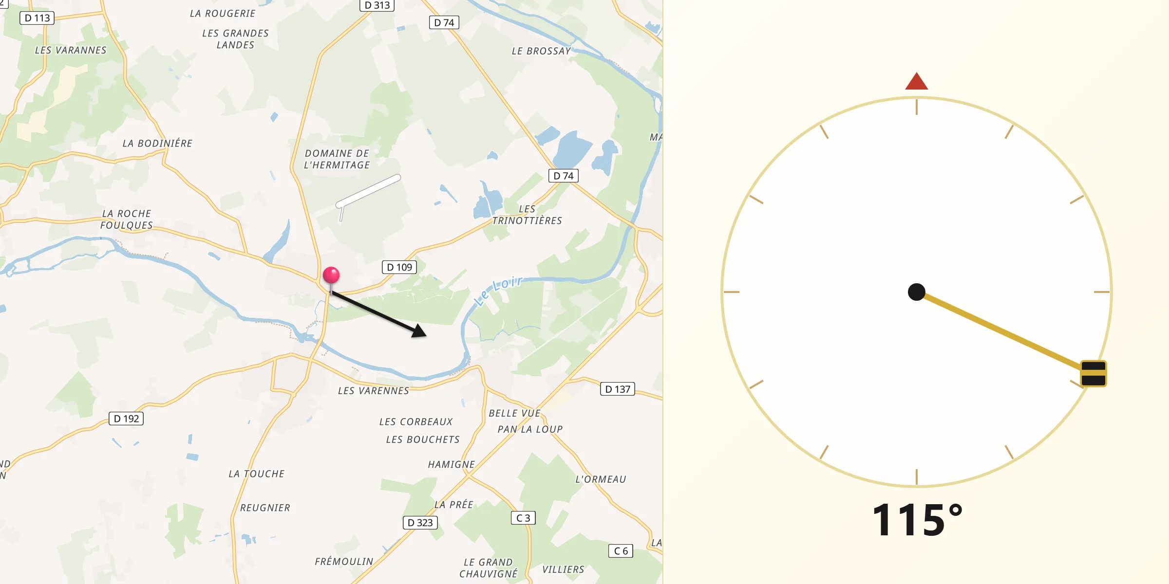 Direction vers la Qibla depuis Soucelles