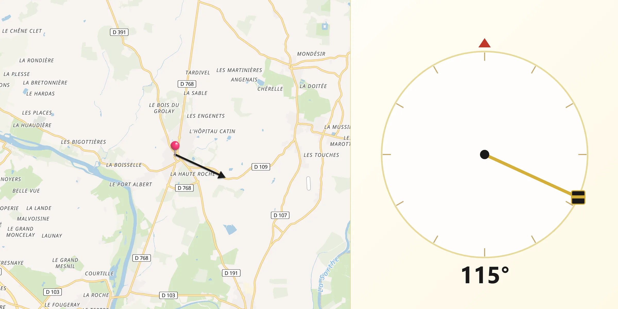 Direction vers la Qibla depuis Feneu