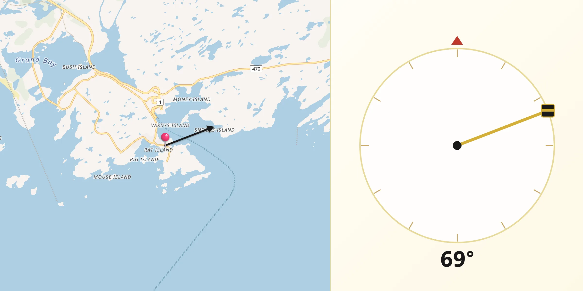 Qibla Direction from Channel-Port aux Basques