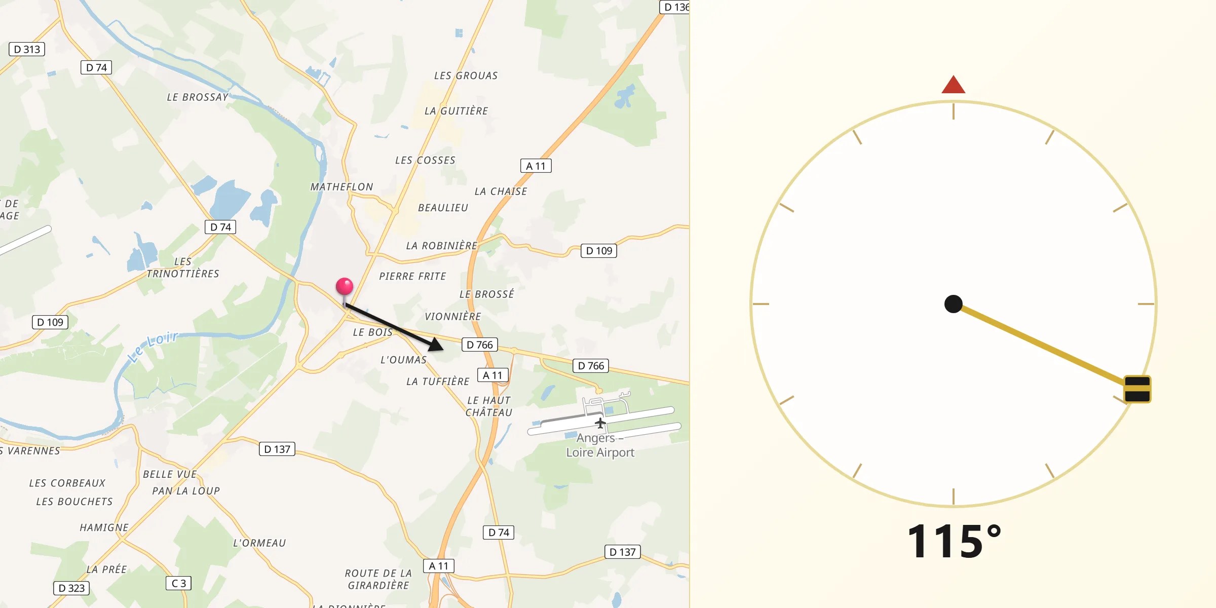 Direction vers la Qibla depuis Seiches-sur-le-Loir