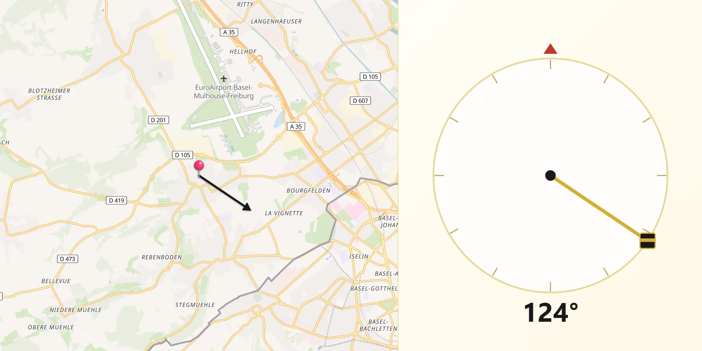 Direction vers la Qibla depuis Hésingue