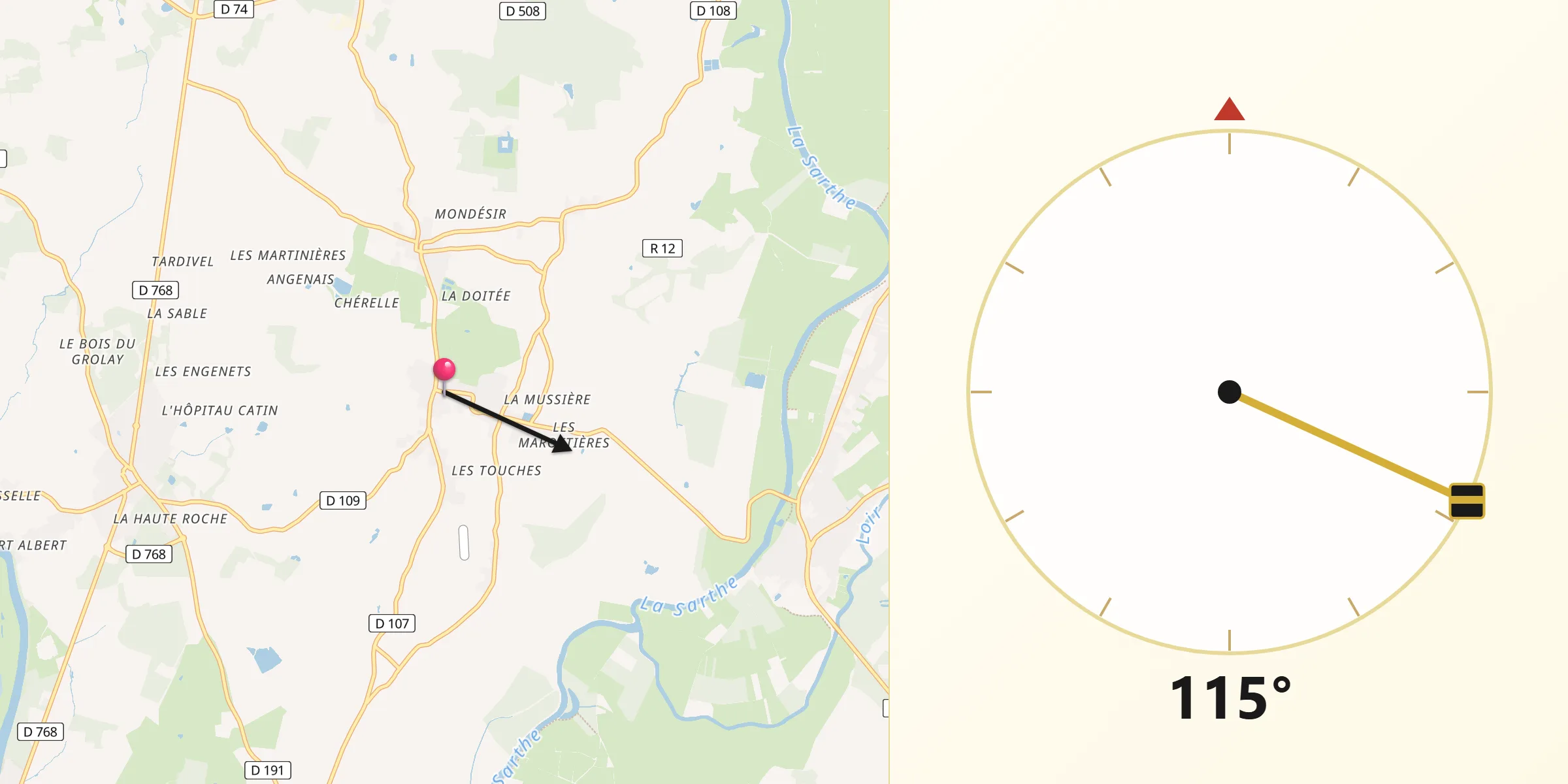 Direction vers la Qibla depuis Soulaire-et-Bourg
