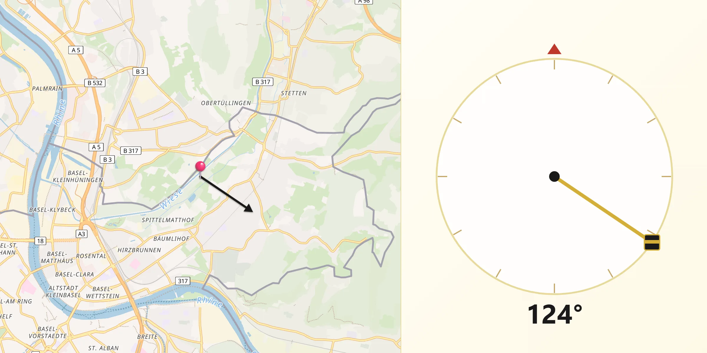 Direzione della Qibla da Riehen