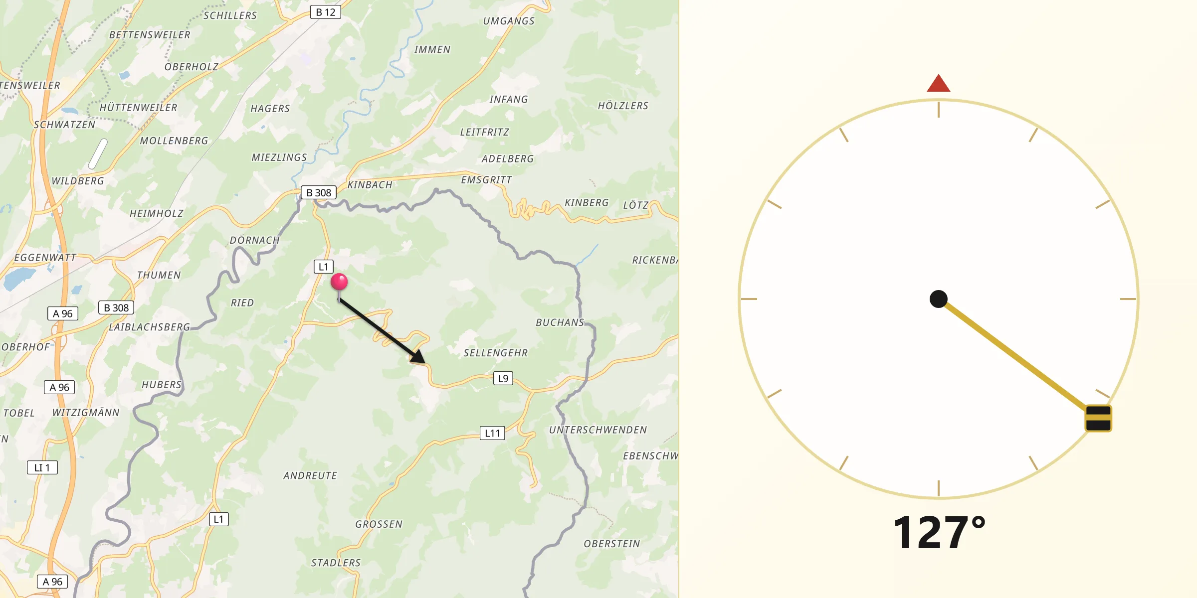 Qibla-Richtung von Hohenweiler