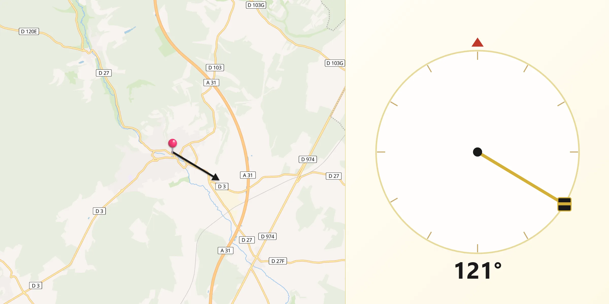 Direction vers la Qibla depuis Selongey