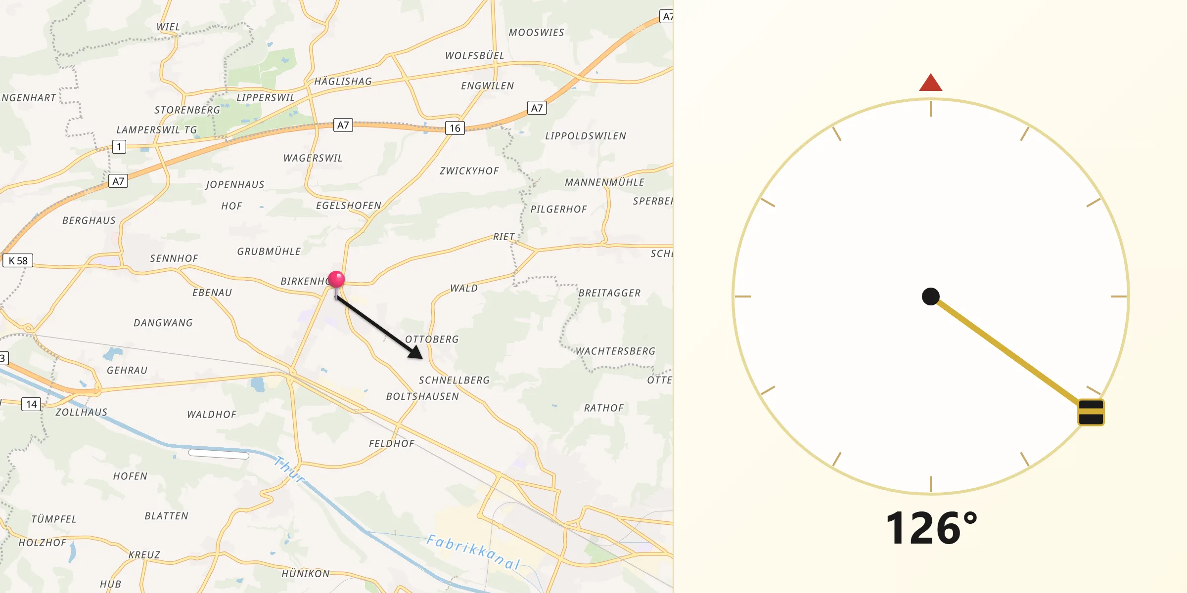 Direzione della Qibla da Märstetten-Dorf