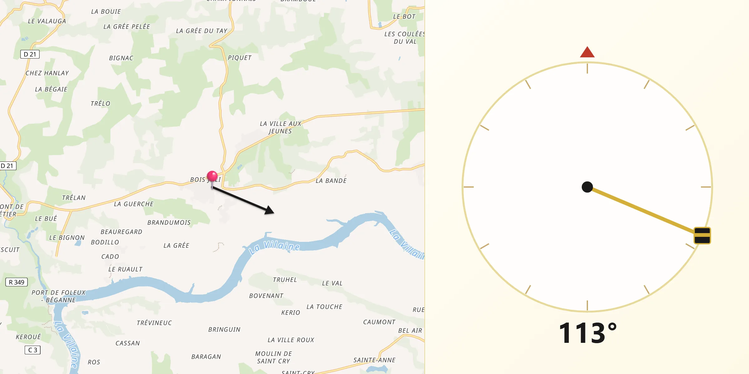 Direction vers la Qibla depuis Béganne