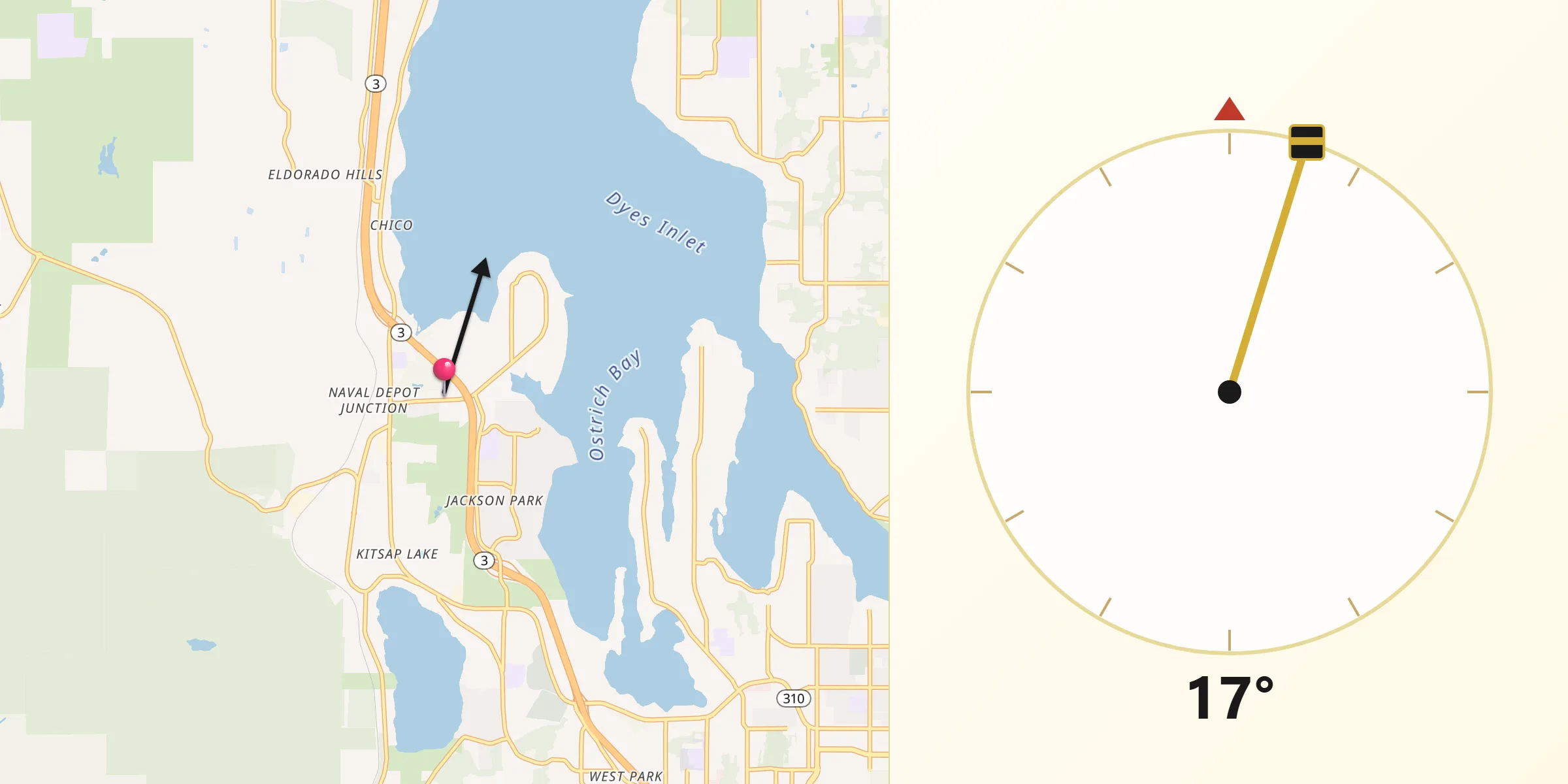 Qibla Direction from Erlands Point-Kitsap Lake