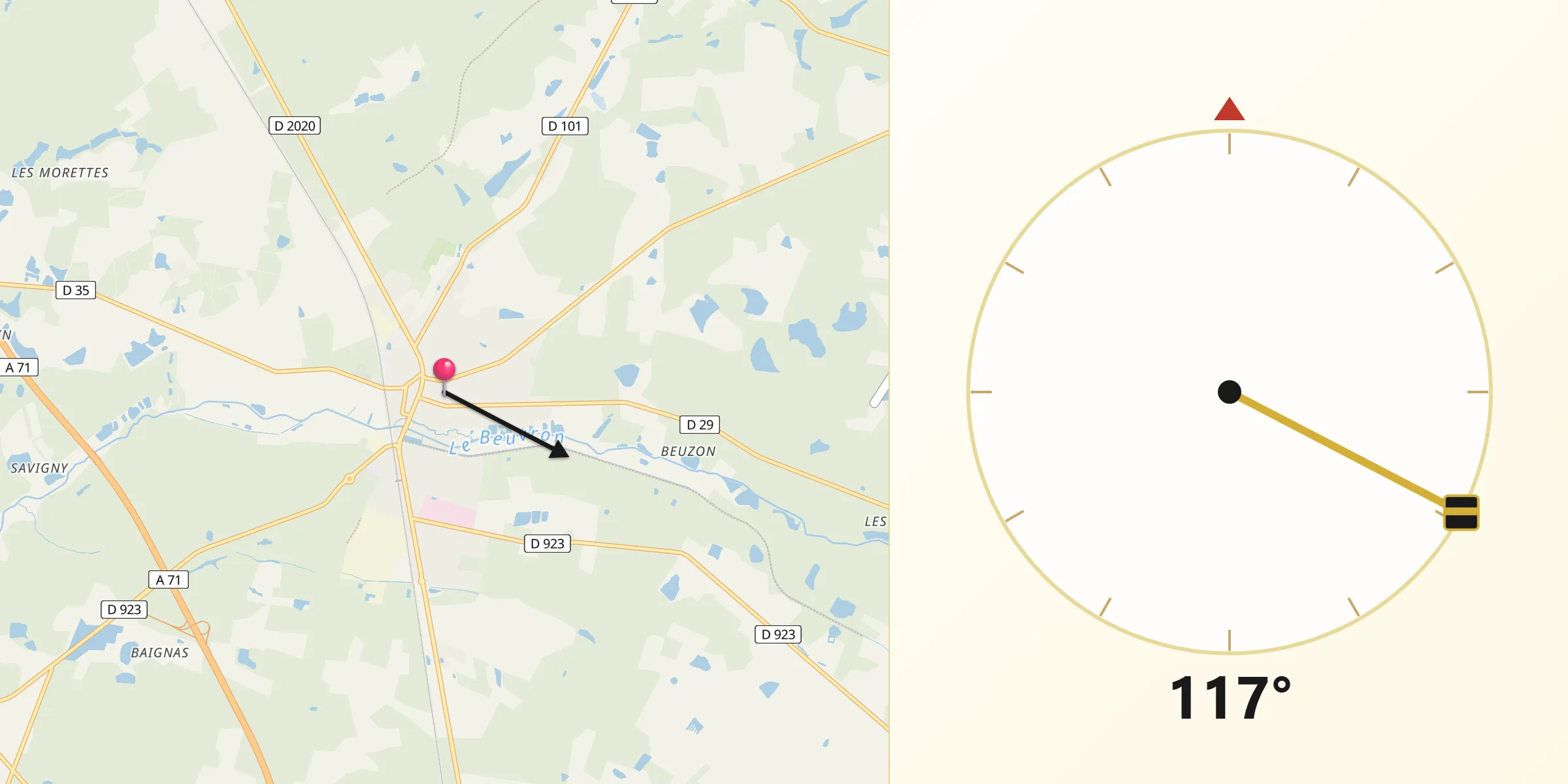 Direction vers la Qibla depuis Lamotte-Beuvron