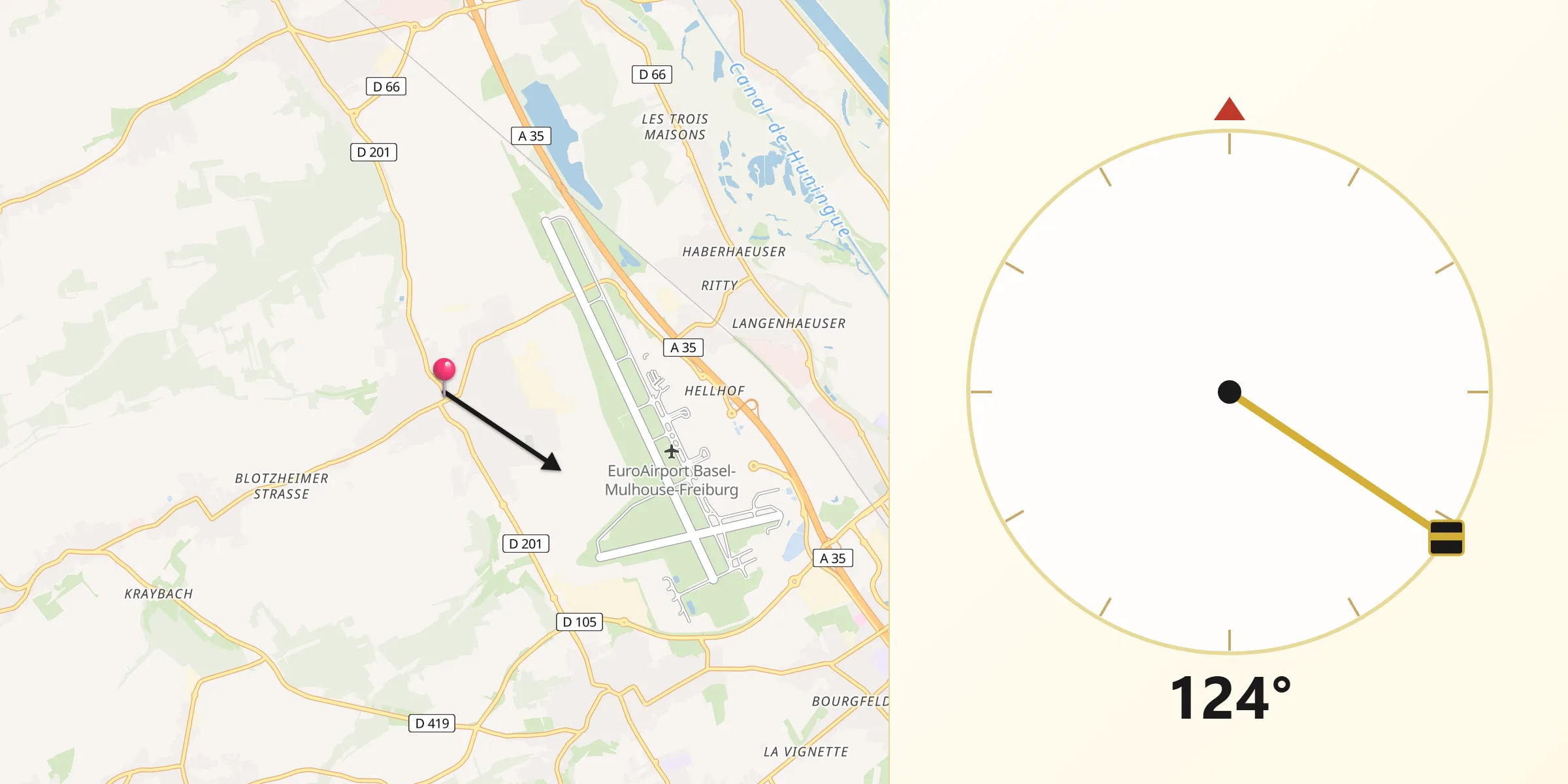 Direction vers la Qibla depuis Blotzheim