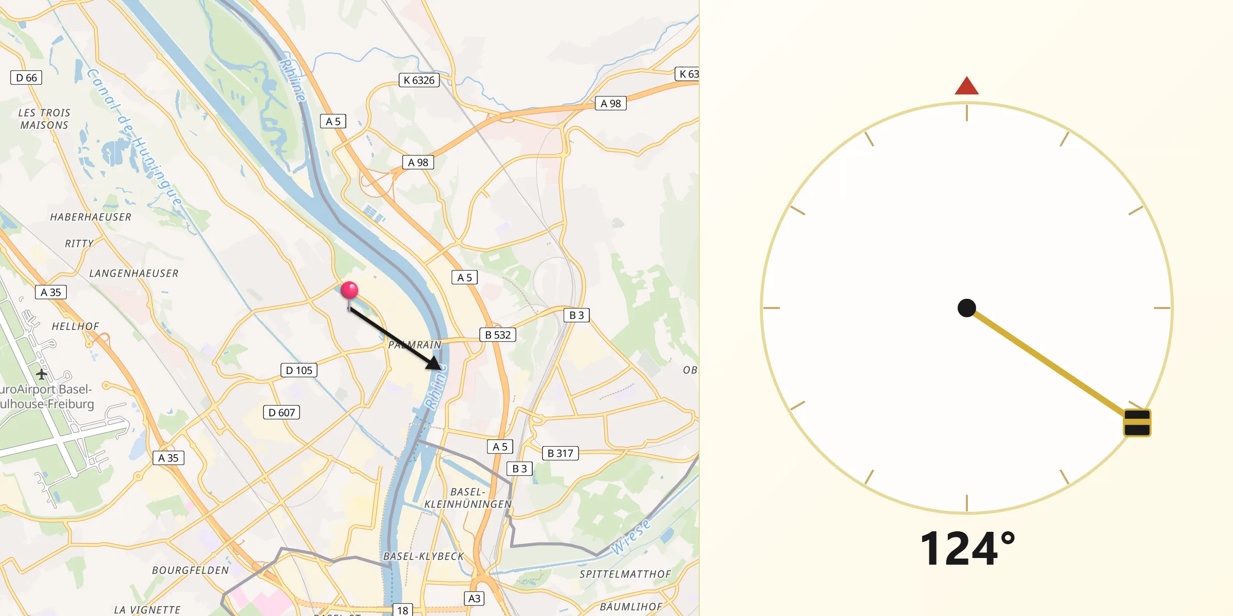 Direction vers la Qibla depuis Huningue