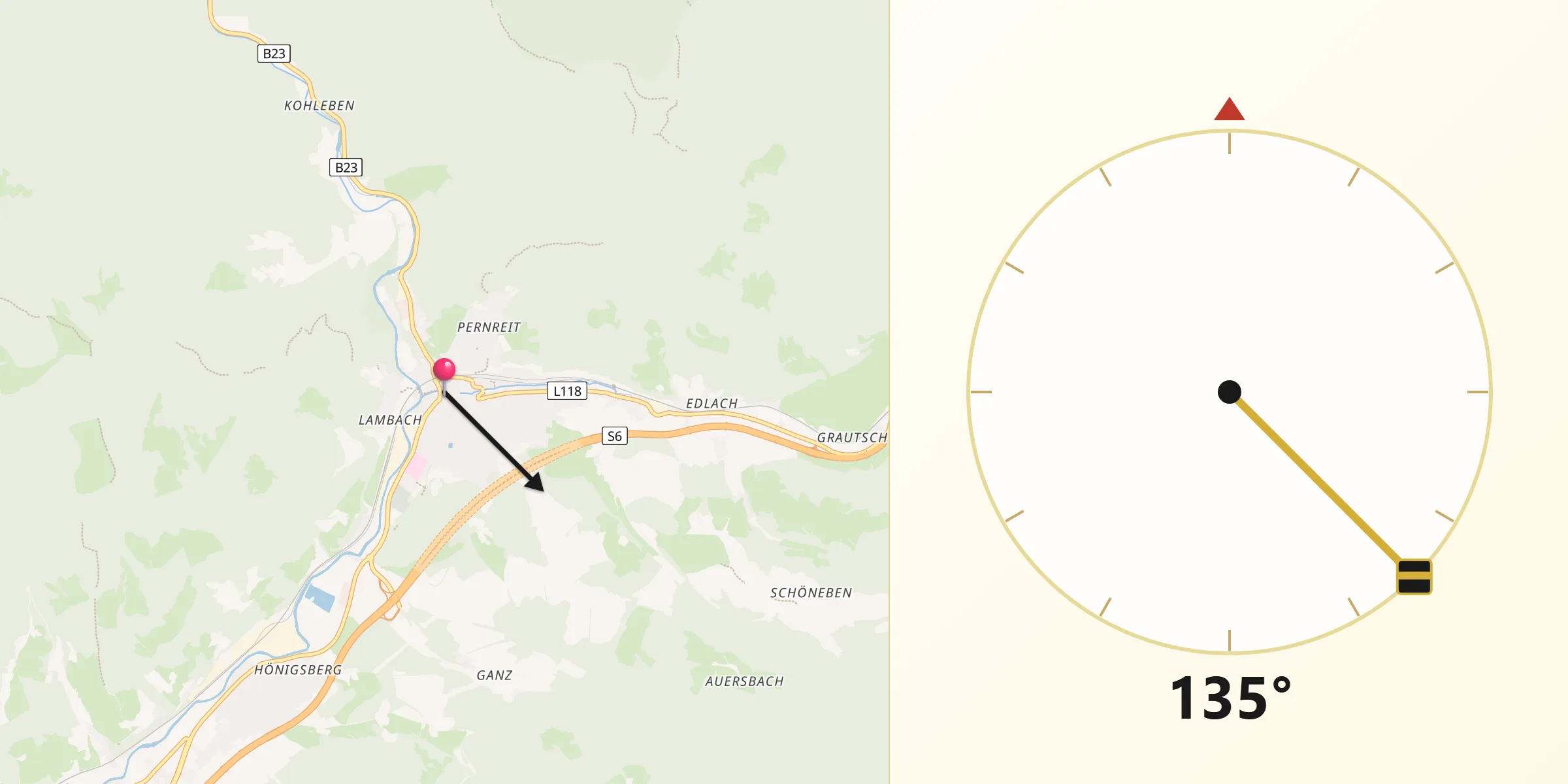 Qibla-Richtung von Mürzzuschlag