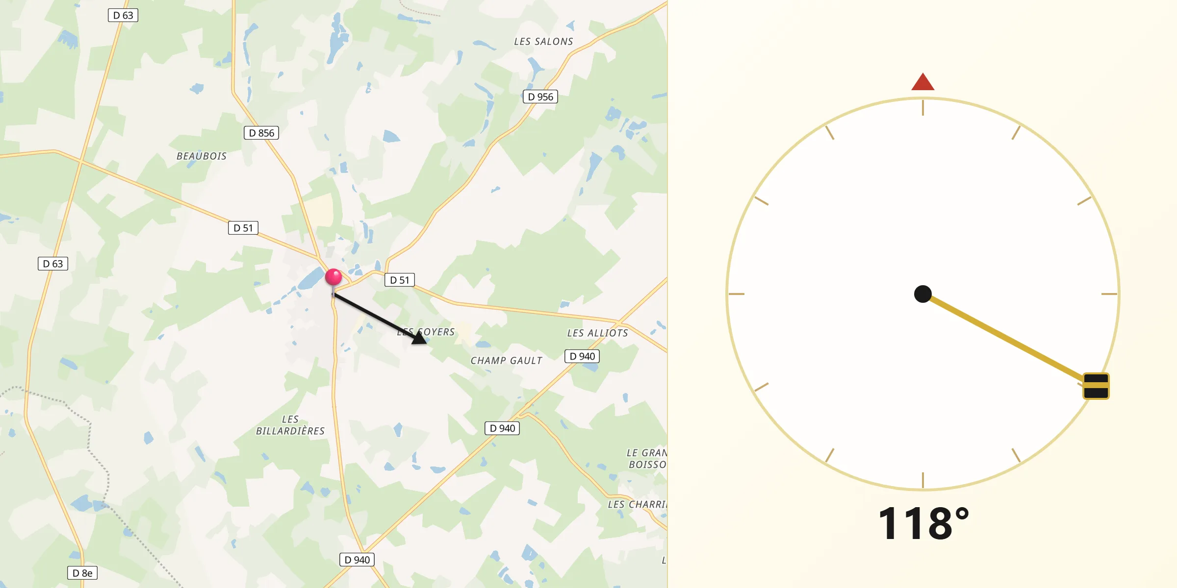 Direction vers la Qibla depuis Coullons
