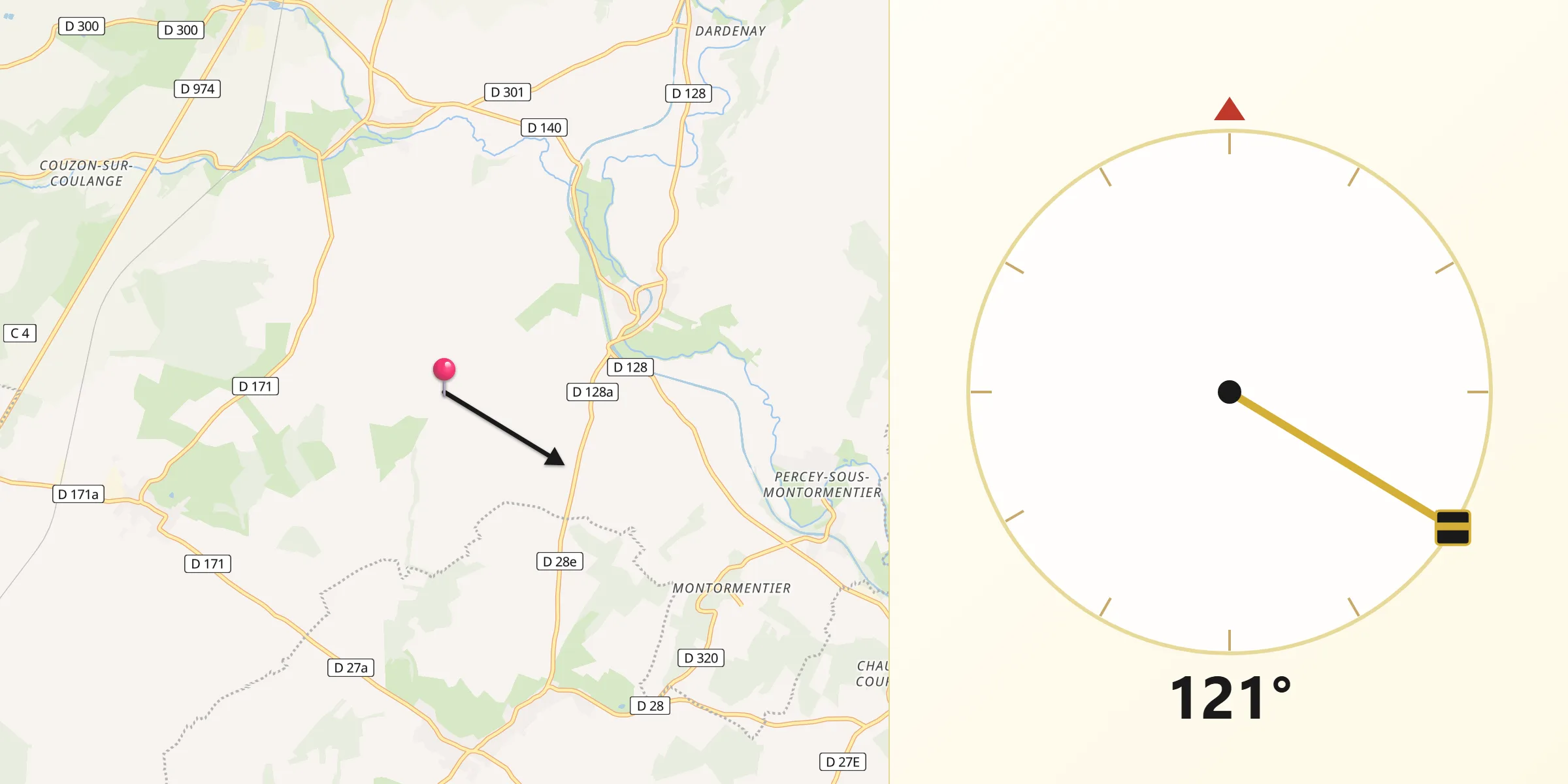 Direction vers la Qibla depuis Cusey
