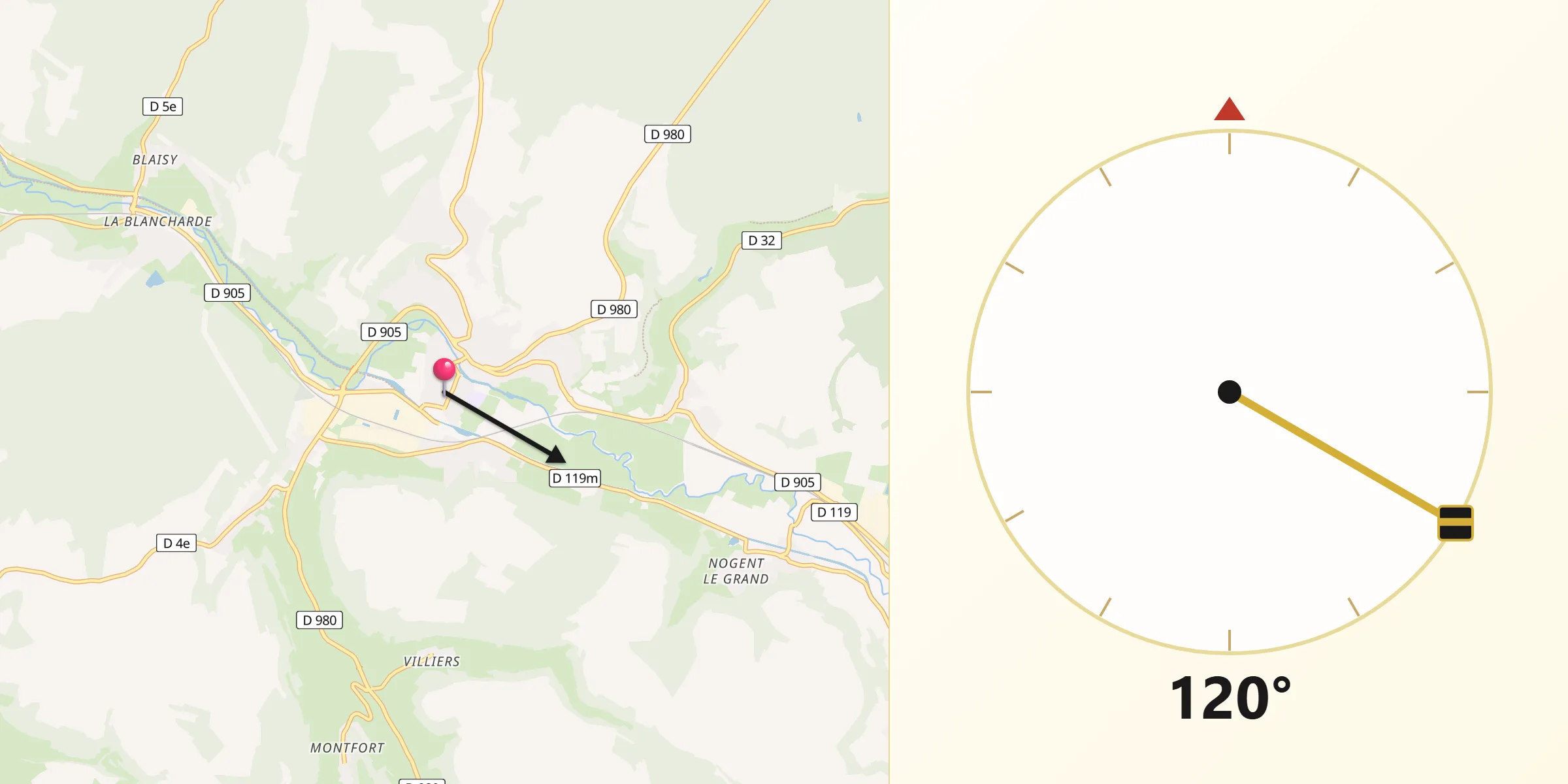 Direction vers la Qibla depuis Montbard