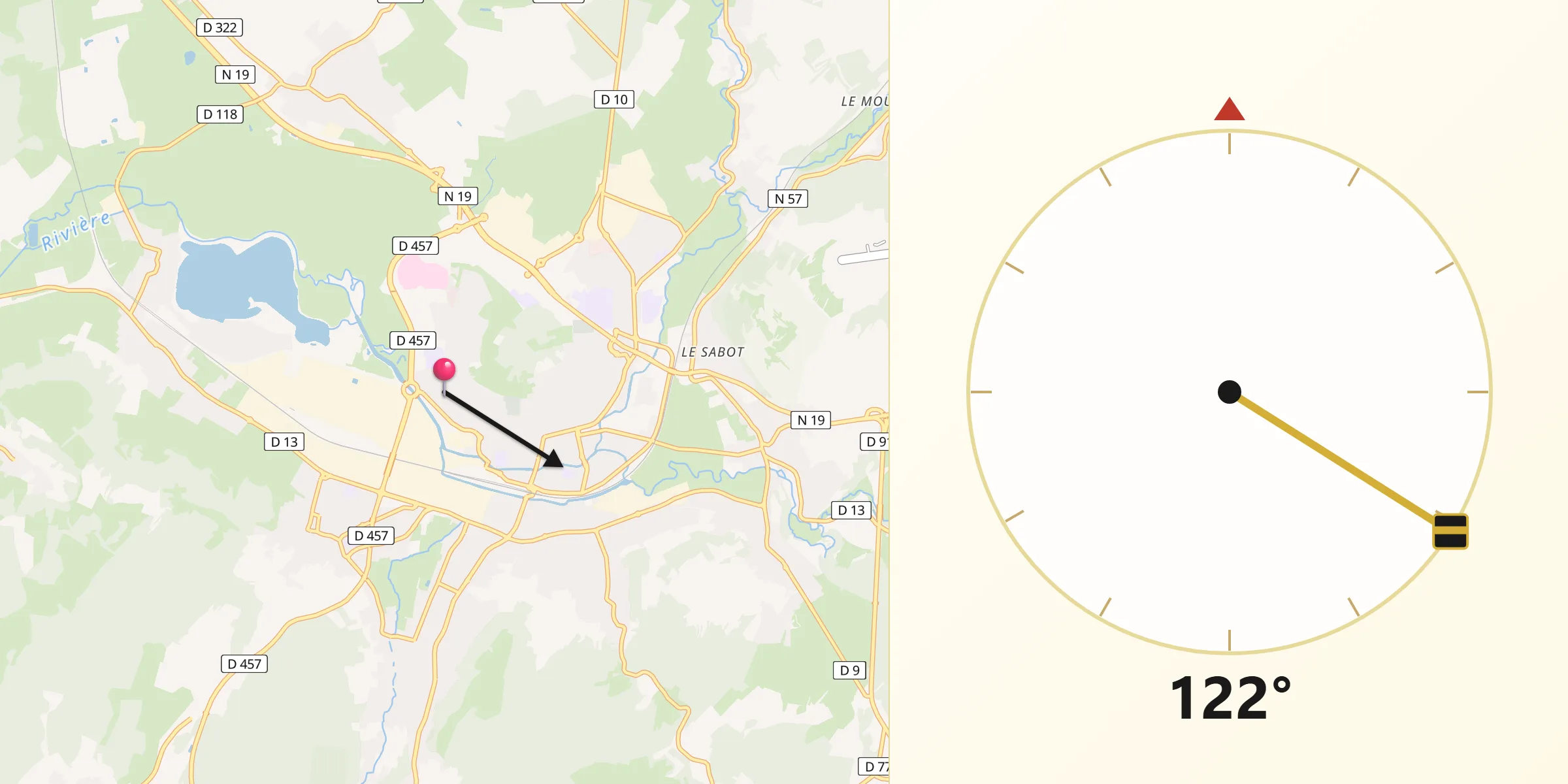 Direction vers la Qibla depuis Vesoul