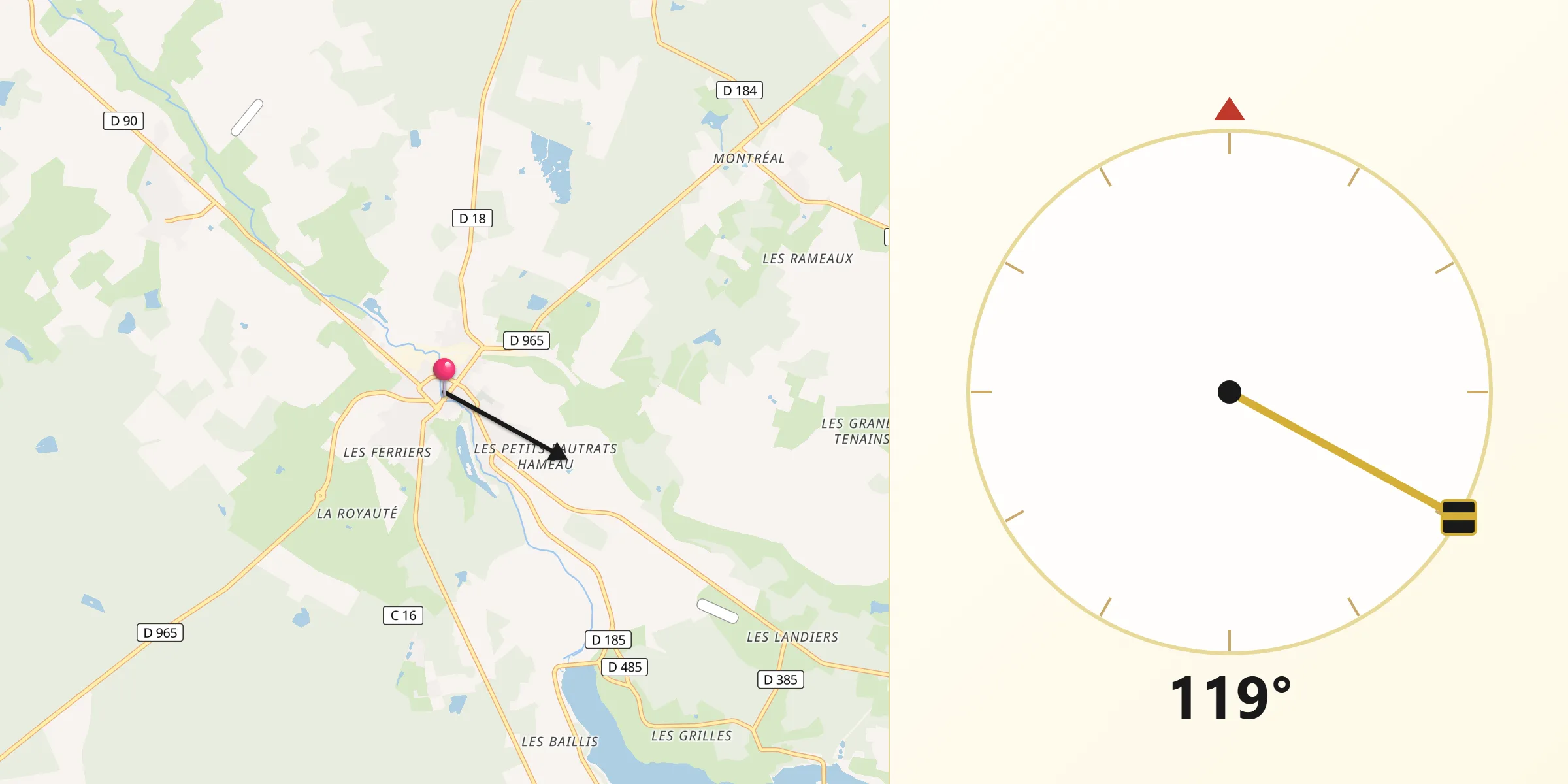 Direction vers la Qibla depuis Saint-Fargeau