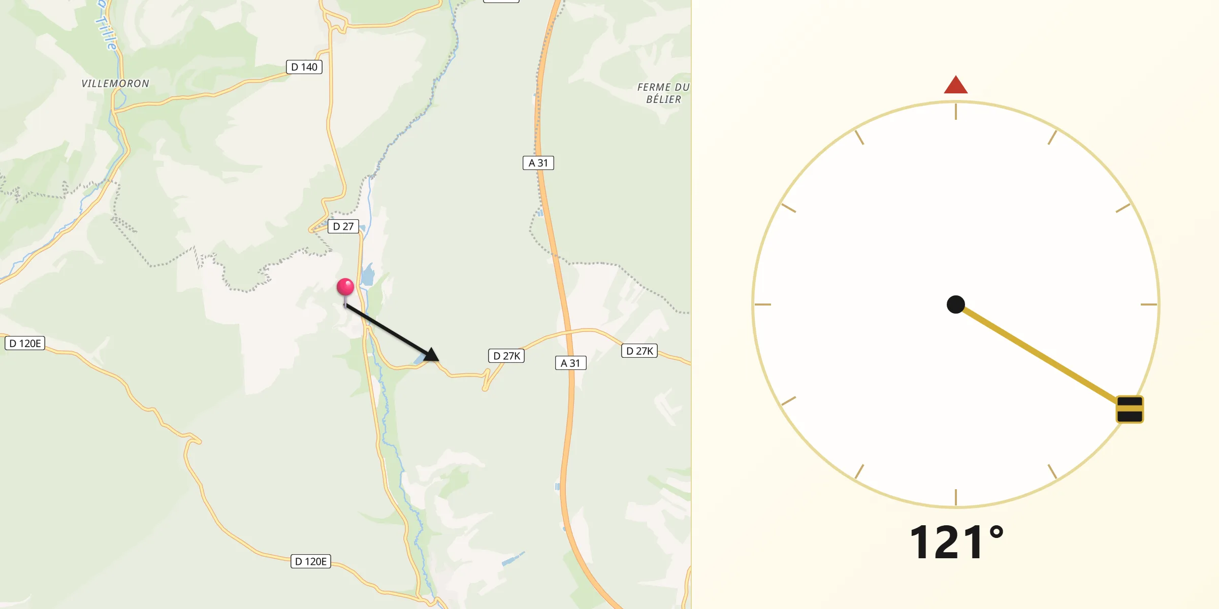 Direction vers la Qibla depuis Rivière-les-Fosses