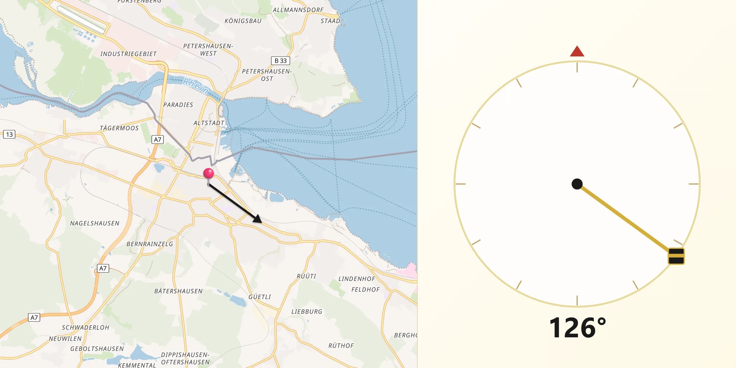 Qibla-Richtung von Kreuzlingen