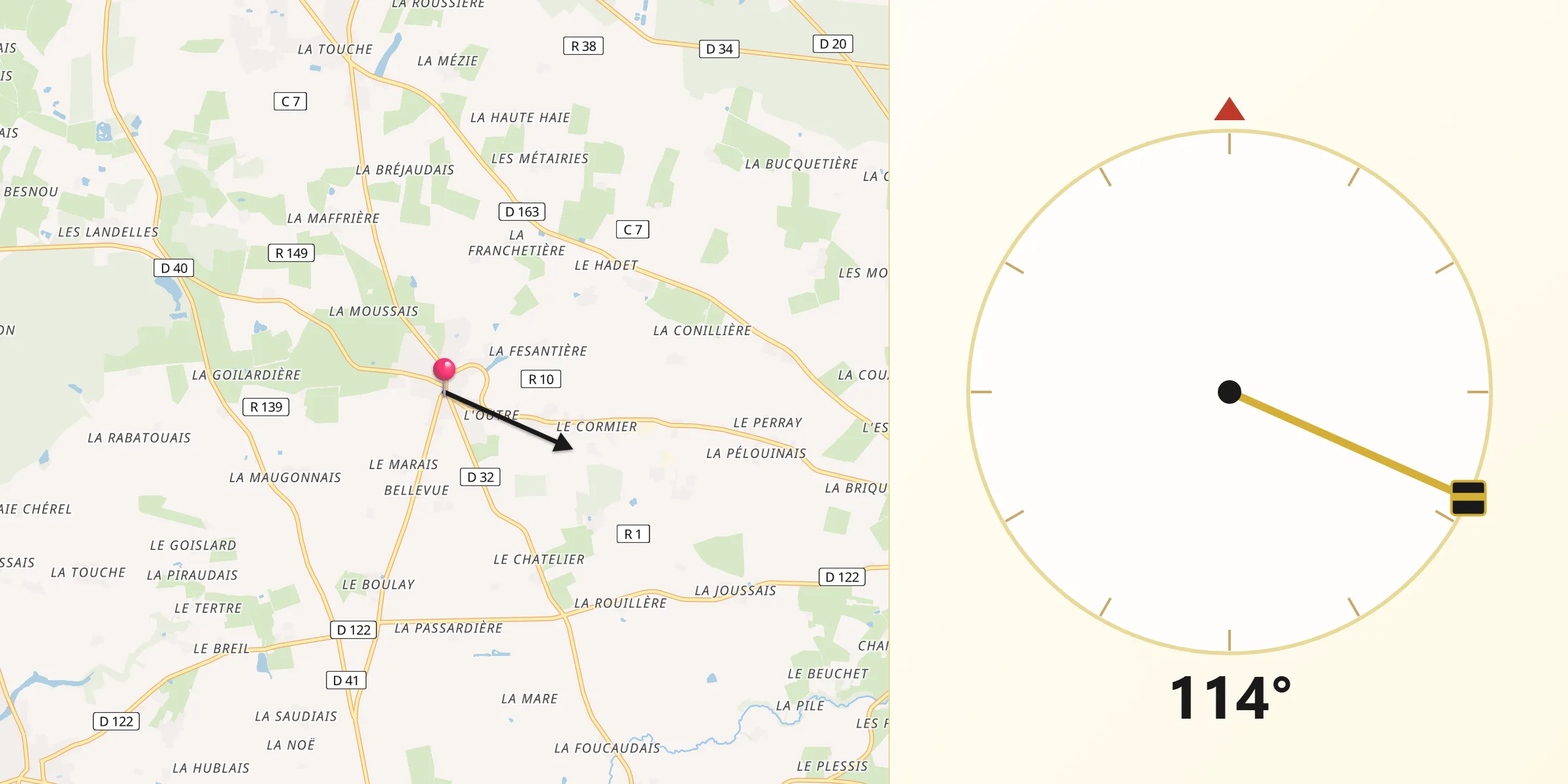 Direction vers la Qibla depuis Erbray