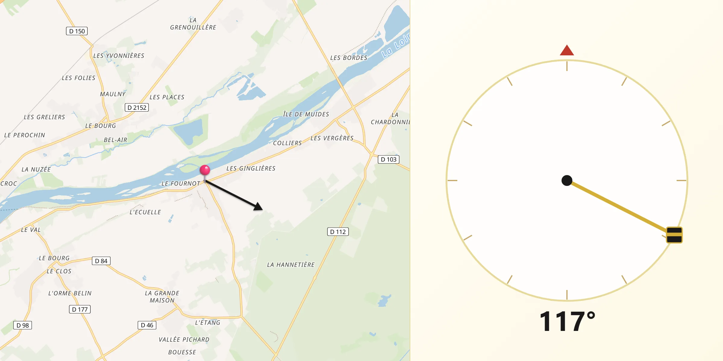 Direction vers la Qibla depuis Saint-Dyé-sur-Loire