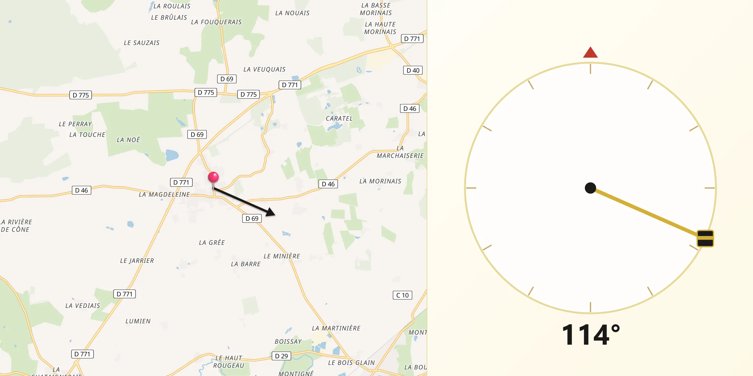 Direction vers la Qibla depuis Saint-Vincent-des-Landes