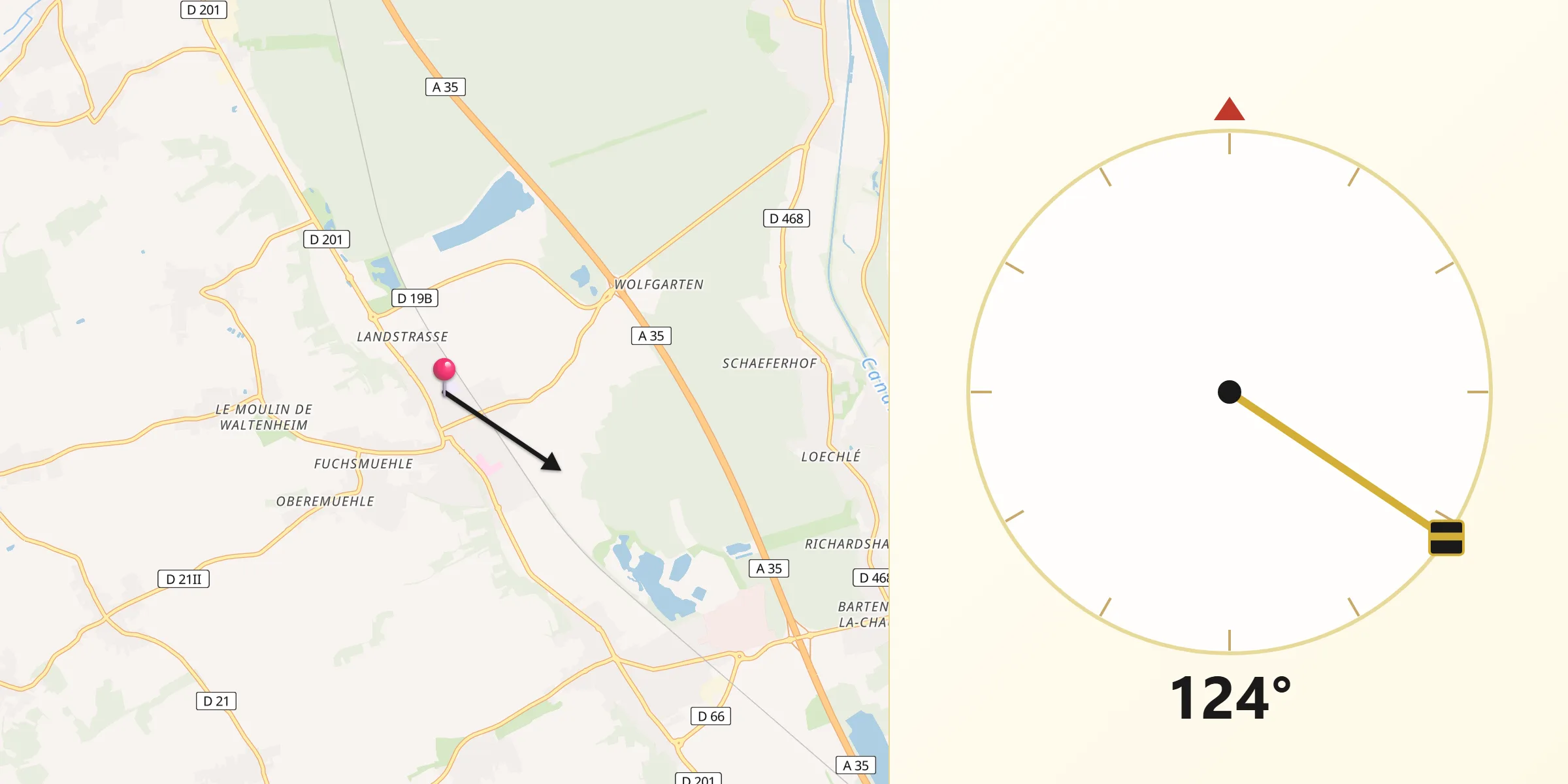 Direction vers la Qibla depuis Sierentz