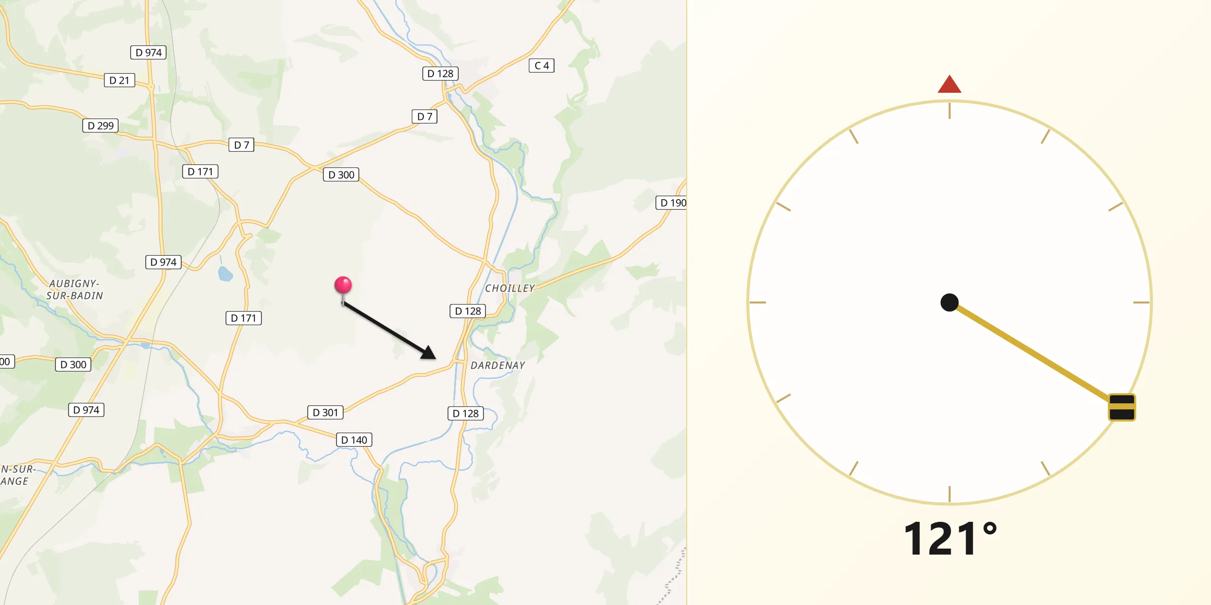 Direction vers la Qibla depuis Choilley-Dardenay
