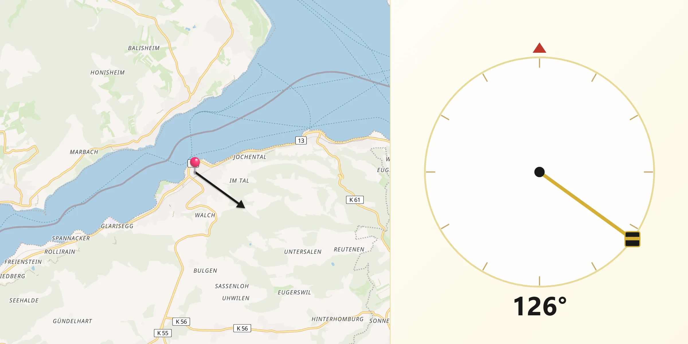 Direction vers la Qibla depuis Steckborn