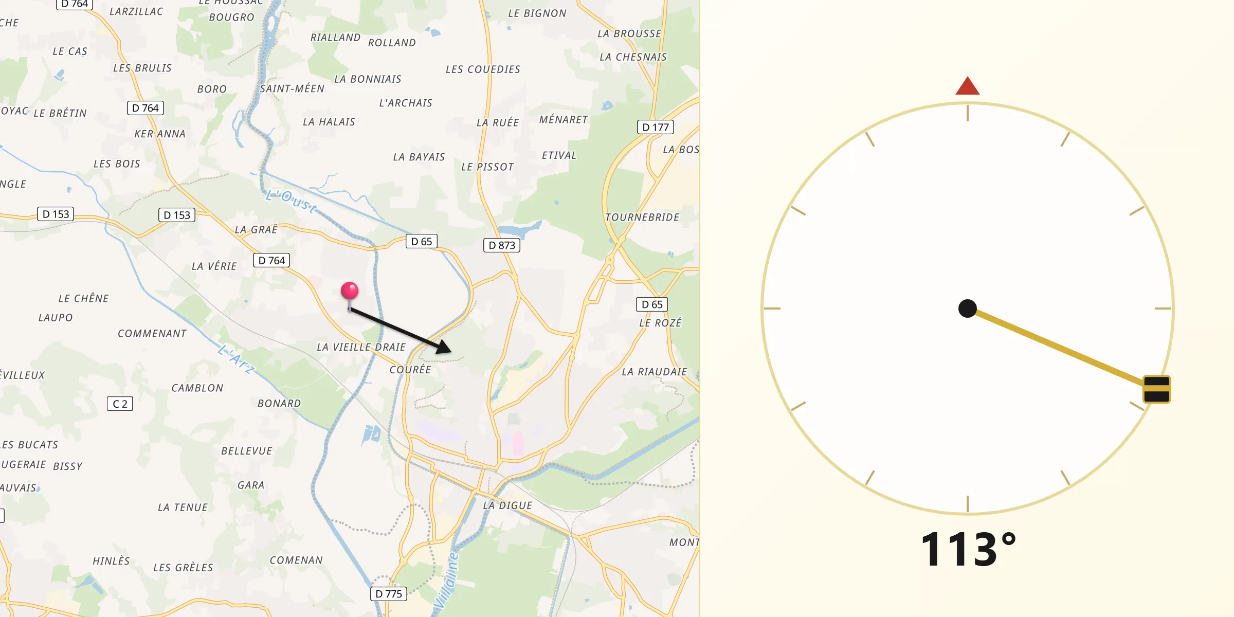 Direction vers la Qibla depuis Saint-Perreux