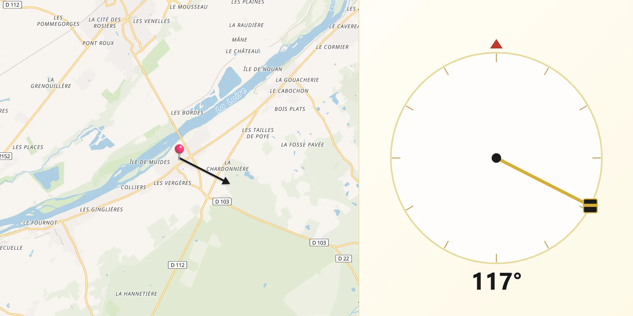 Direction vers la Qibla depuis Muides-sur-Loire