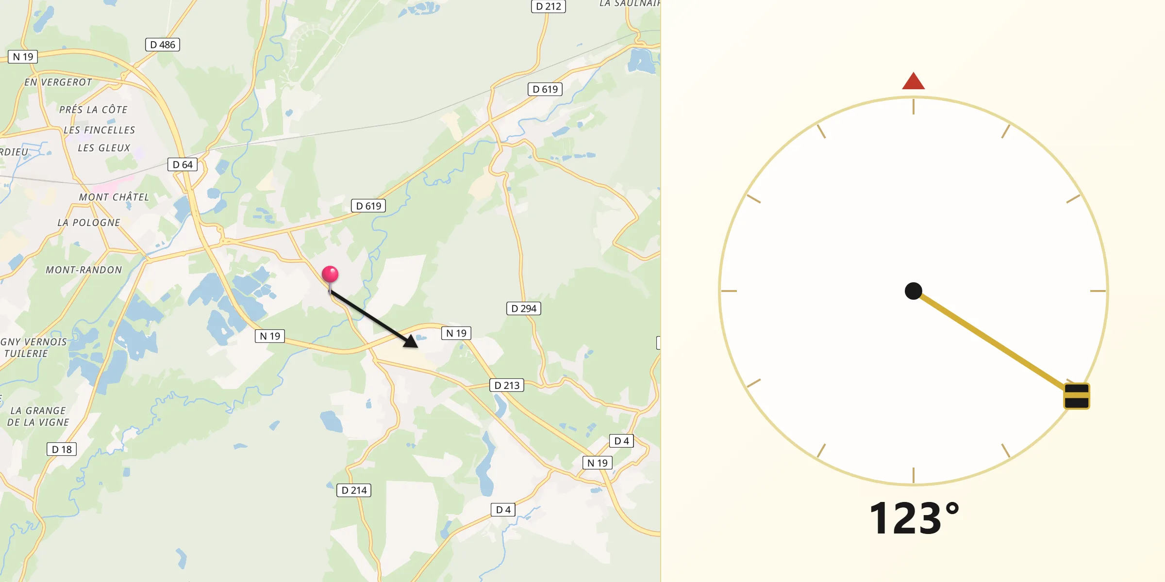 Direction vers la Qibla depuis Roye