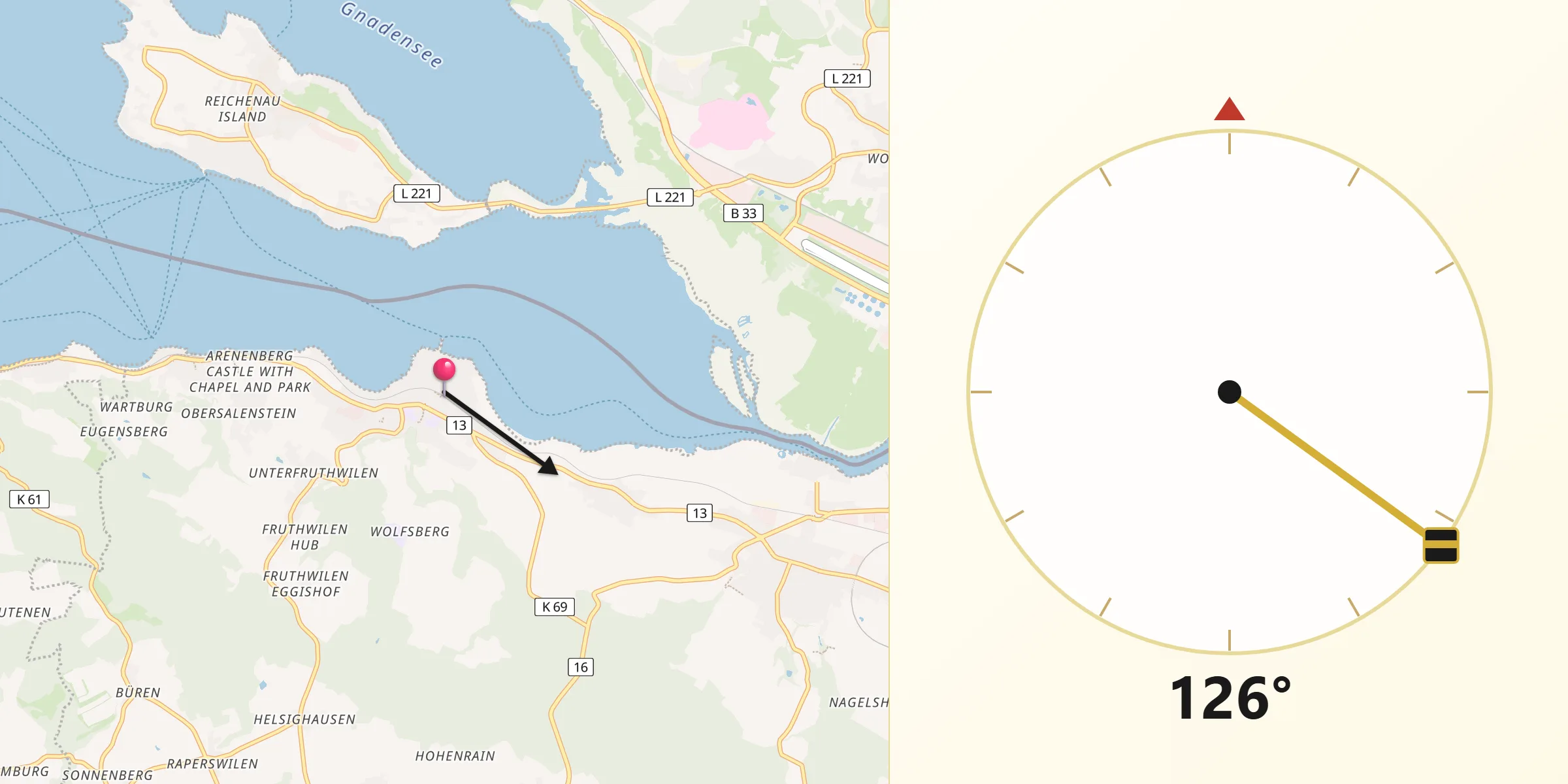 Direction vers la Qibla depuis Ermatingen