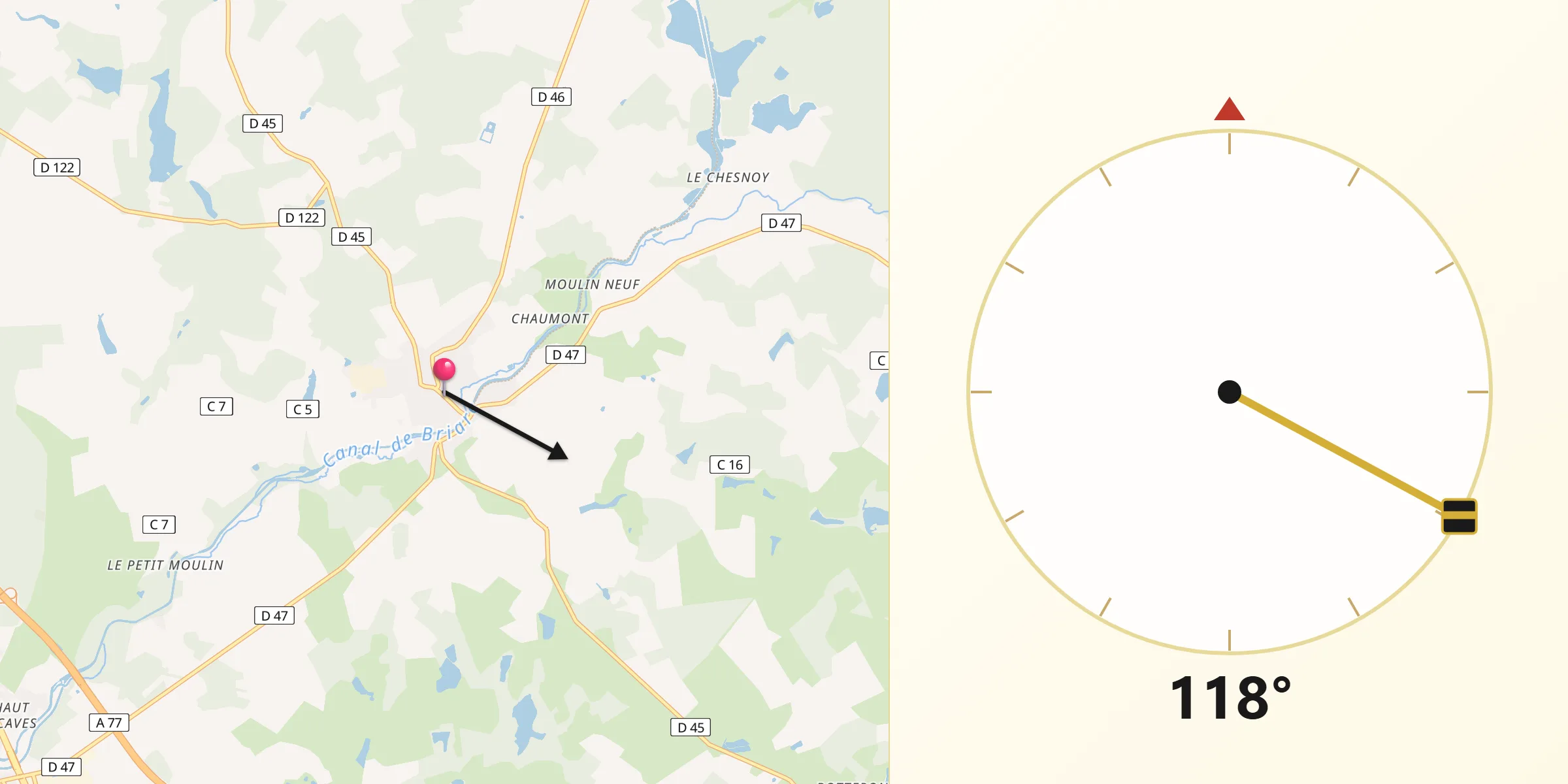 Direction vers la Qibla depuis Ouzouer-sur-Trézée