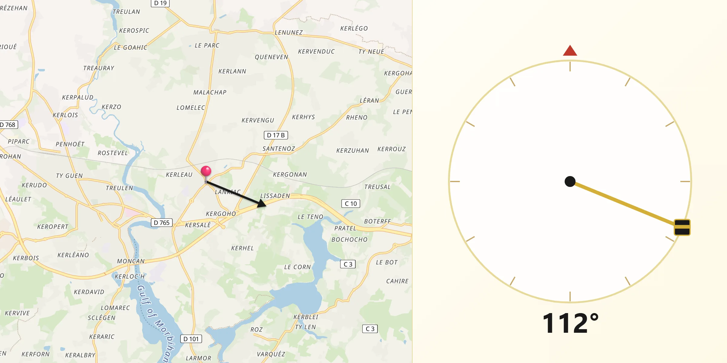 Direction vers la Qibla depuis Pluneret