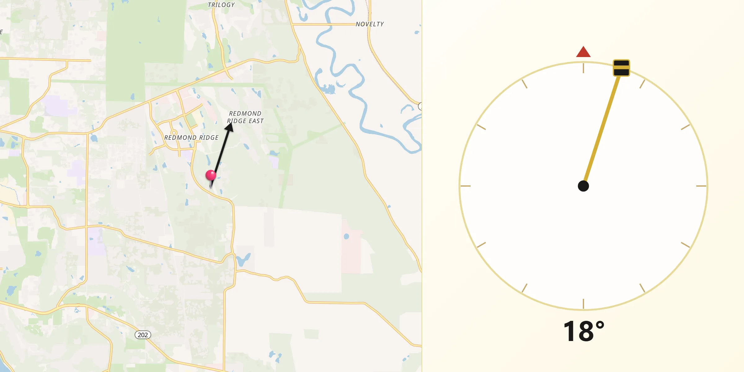 Qibla Direction from Union Hill-Novelty Hill