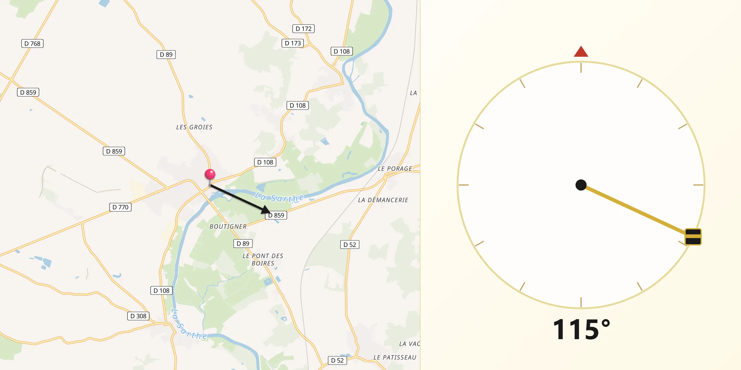 Direction vers la Qibla depuis Châteauneuf-sur-Sarthe