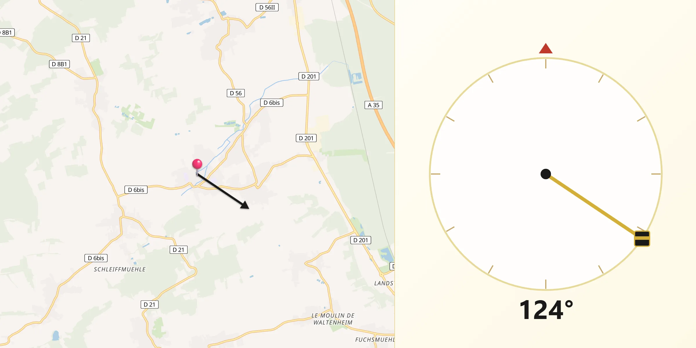 Direction vers la Qibla depuis Landser