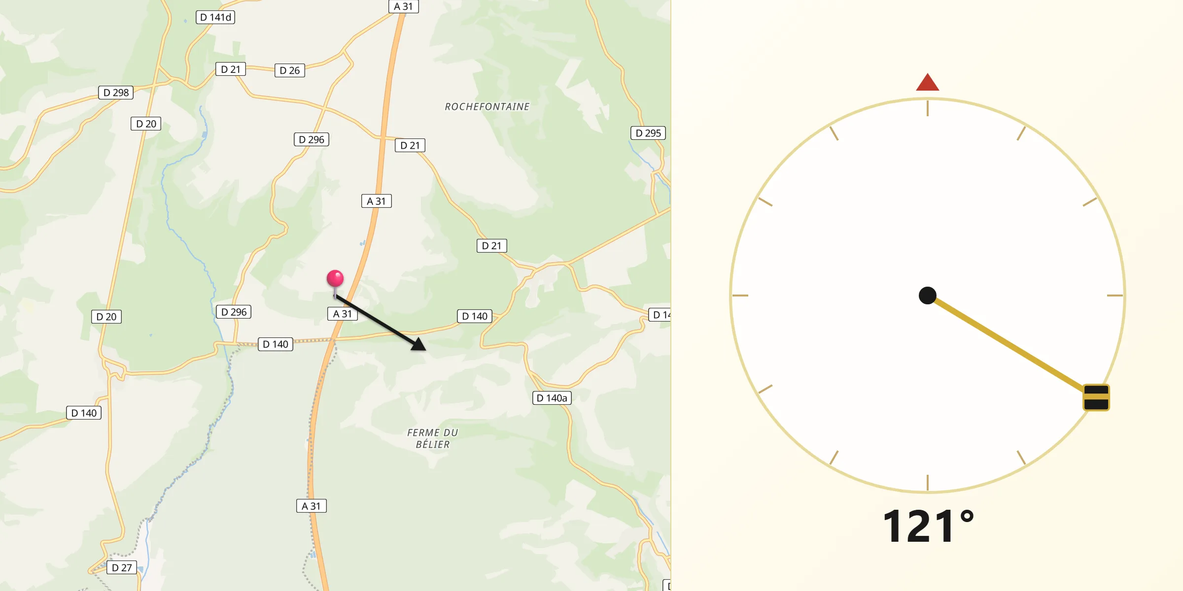 Direction vers la Qibla depuis Le Val-d'Esnoms